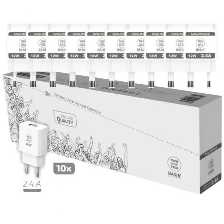Pack 10 cargadores de pared tech one tech basik tec2954/ 1xusb/ 12w