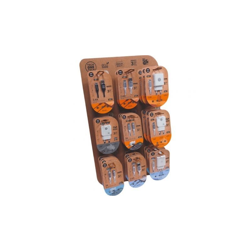 Expositor de cargadores gan y cables tech one tech eko 400903/ 9 ganchos/ incluye 27 productos