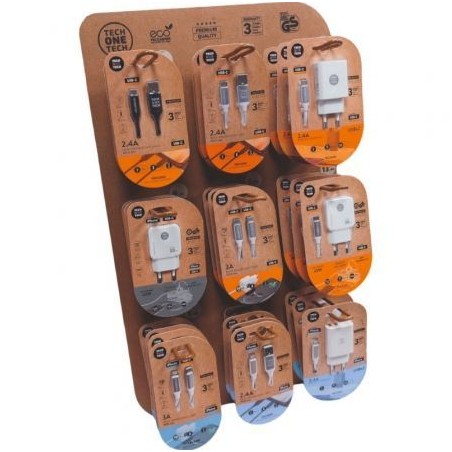 Expositor de cargadores gan y cables tech one tech eko 400903/ 9 ganchos/ incluye 27 productos