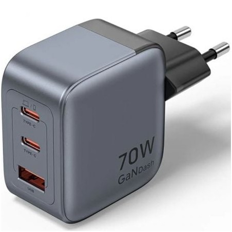 Cargador de pared gan vention fexh0-eu/ 2xusb tipo-c/ 1xusb/ 70w