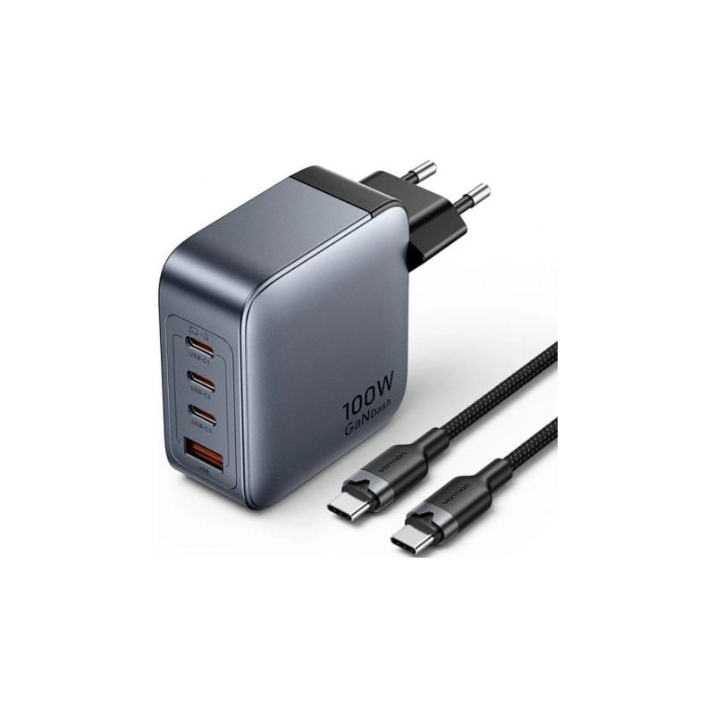 Cargador de pared gan vention tz-feth0-eu/ 3xusb tipo-c/ 1xusb/ 100w