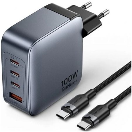 Cargador de pared gan vention tz-feth0-eu/ 3xusb tipo-c/ 1xusb/ 100w