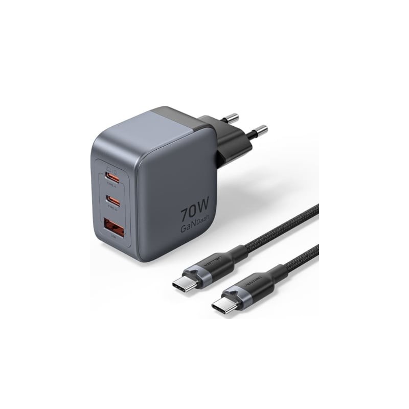 Cargador de pared gan vention tz-fexh0-eu/ 2xusb tipo-c/ 1xusb + cable usb tipo-c/ 70w