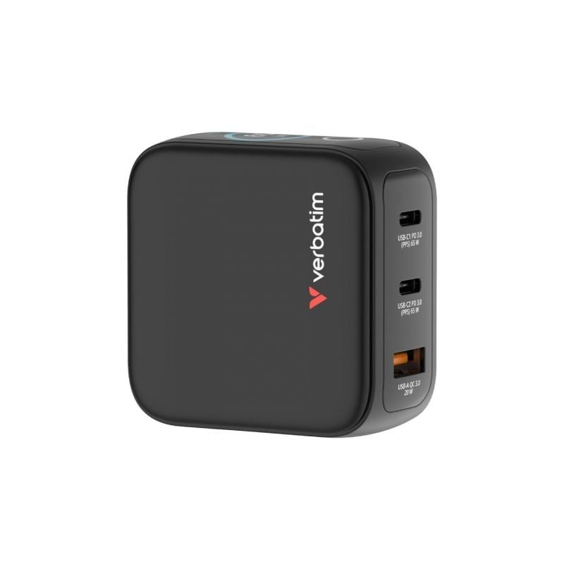 Cargador de pared universal gan para viaje verbatim mini gan charger con pantalla/ 2xusb tipo-c/ 1xusb/ 65w
