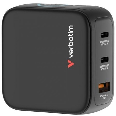 Cargador de pared universal gan para viaje verbatim mini gan charger con pantalla/ 2xusb tipo-c/ 1xusb/ 65w