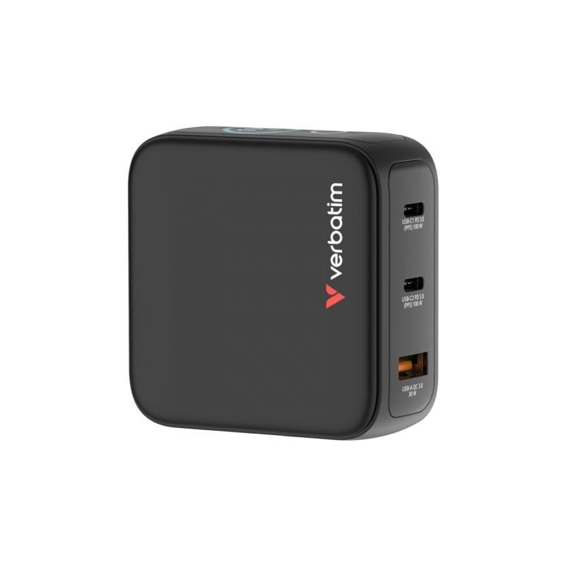 Cargador de pared universal gan para viaje verbatim mini gan charger con pantalla/ 2xusb tipo-c/ 1xusb/ 100w