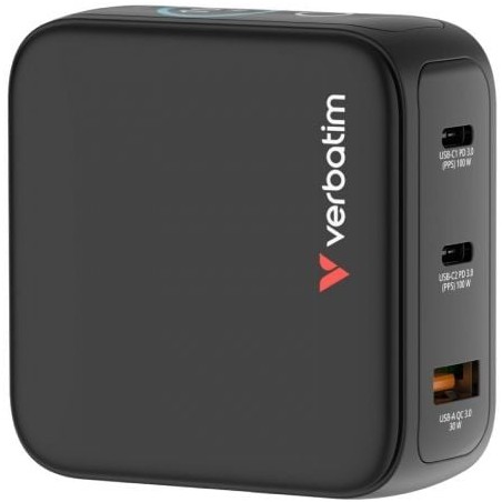 Cargador de pared universal gan para viaje verbatim mini gan charger con pantalla/ 2xusb tipo-c/ 1xusb/ 100w