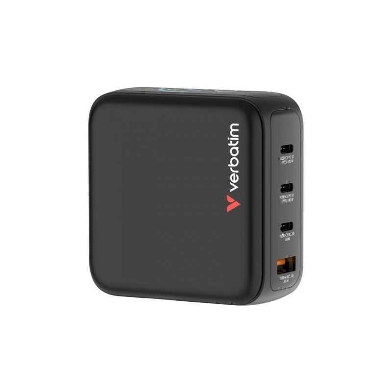 Cargador de pared universal gan para viaje verbatim mini gan charger con pantalla/ 3xusb tipo-c/ 1xusb/ 140w