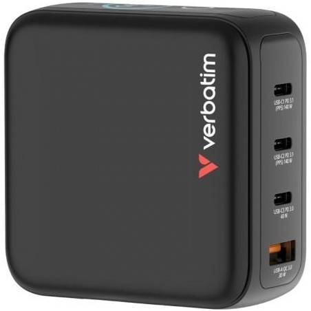 Cargador de pared universal gan para viaje verbatim mini gan charger con pantalla/ 3xusb tipo-c/ 1xusb/ 140w