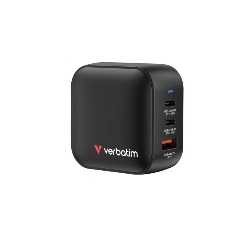 Cargador de pared universal gan para viaje verbatim mini gan wall charger/ 2xusb tipo-c/ 1xusb/ 70w