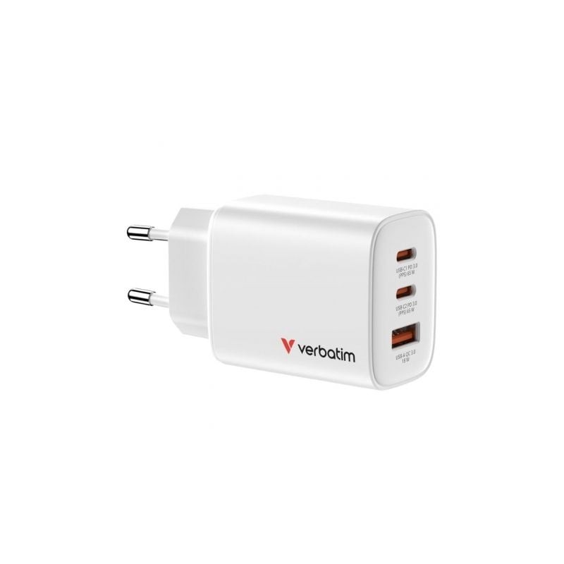 Cargador de pared gan verbatim essentials/ 2xusb tipo-c/ 1xusb/ 65w