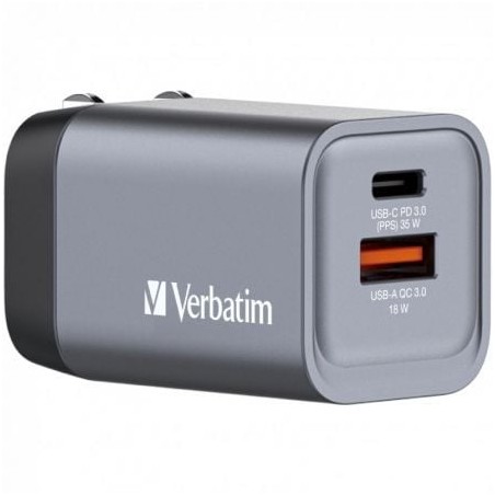 Cargador de pared universal gan para viaje verbatim gnc-35/ 1xusb tipo-c/ 1xusb/ 35w