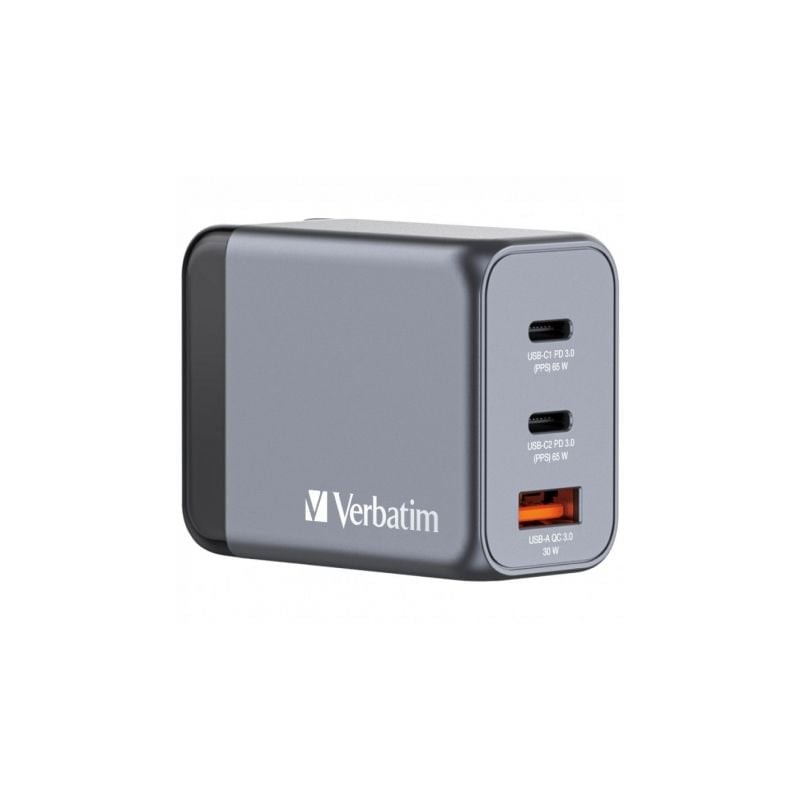 Cargador de pared universal gan para viaje verbatim gnc-65/ 2xusb tipo-c/ 1xusb/ 65w