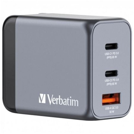 Cargador de pared universal gan para viaje verbatim gnc-65/ 2xusb tipo-c/ 1xusb/ 65w