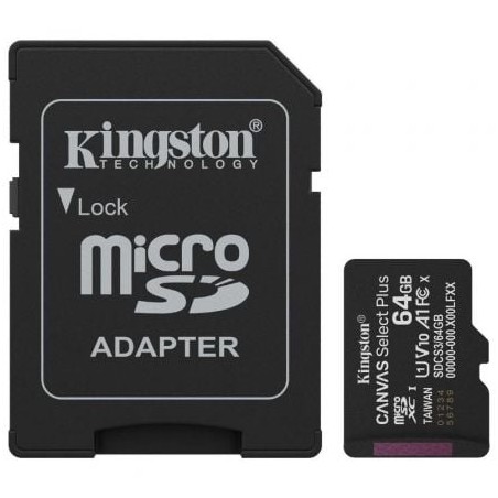 Tarjeta de memoria kingston canvas select plus 64gb microsd xc con adaptador/ clase 10/ 100mbs